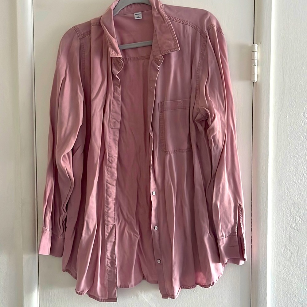 Pink loose button down can be dressed up or down